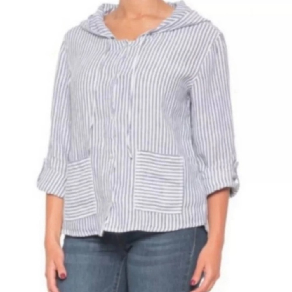 Tahari Striped Linen Button Down Pullover Hooded Cardigan Hoodie size small